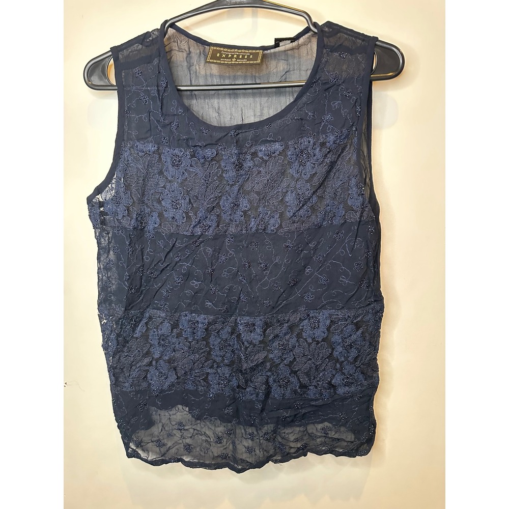 Compagnie Internationale Express Navy Blue Beaded Lace Sheer Sleeveless Top